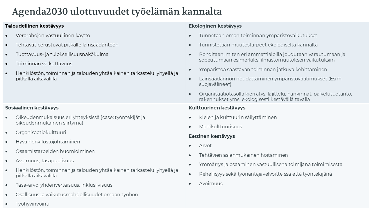 taulukko, jossa kuvataan Agenda2030 ulottuvuuksia työelämässä